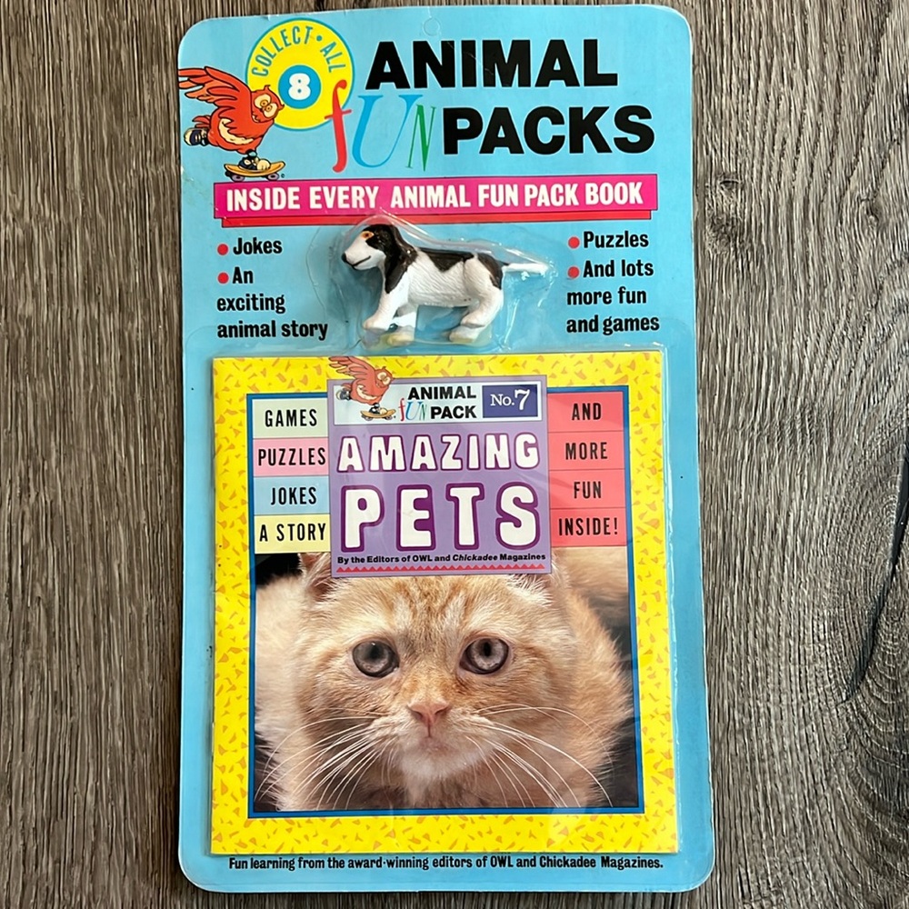 VINTAGE Animal Fun Packs, OWL, Chickadee Magazine, book with dog 1991 no. 7